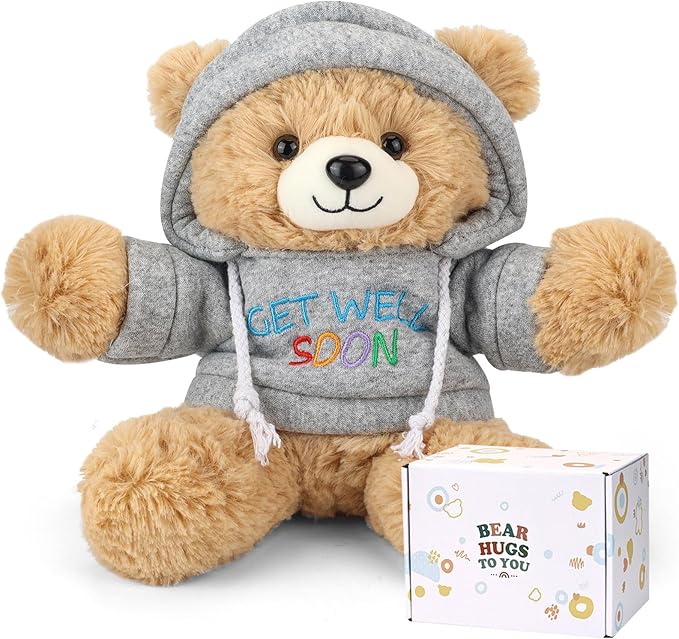 Get Well Soon Teddy Bear Stuffed Animal with Gift Box Removable Hoodie for Comfort and Love, for Kids, Women & Men in Tough Time, Get Well Soon Gifts Basket with Beautiful Greeting Card