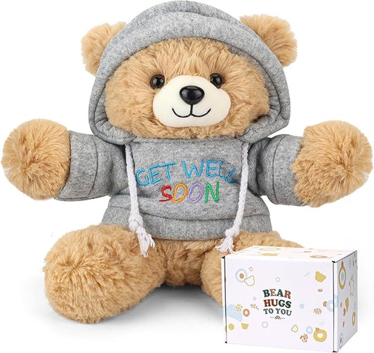 Get Well Soon Teddy Bear Stuffed Animal with Gift Box Removable Hoodie for Comfort and Love, for Kids, Women & Men in Tough Time, Get Well Soon Gifts Basket with Beautiful Greeting Card