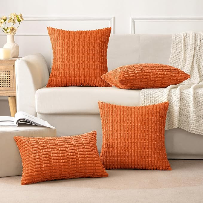 MIULEE Fall Lumbar Corduroy Decorative Throw Pillow Covers 12x20 Orange | Pack of 2 Soft Boho Striped Pillow Covers Modern Farmhouse Autumn Home Decor For Sofa Living Room Couch Bed
