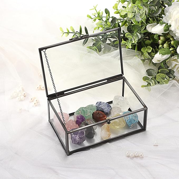 Hipiwe Vintage Glass Keepsake Box Clear Jewelry Display Lidded Box with Lid | Rectangle Glass Box Organizer for Home Decor and Storage of Trinket Rings Bracelet - Black, Small
