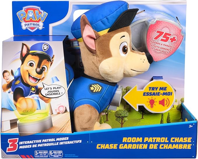 Paw Patrol Room Patrol Chase Interactive Plush Toy with Over 75 Sounds, Light-Up Badges, and 3 Play Modes, Kids Toys for Boys & Girls Ages 3 and Up