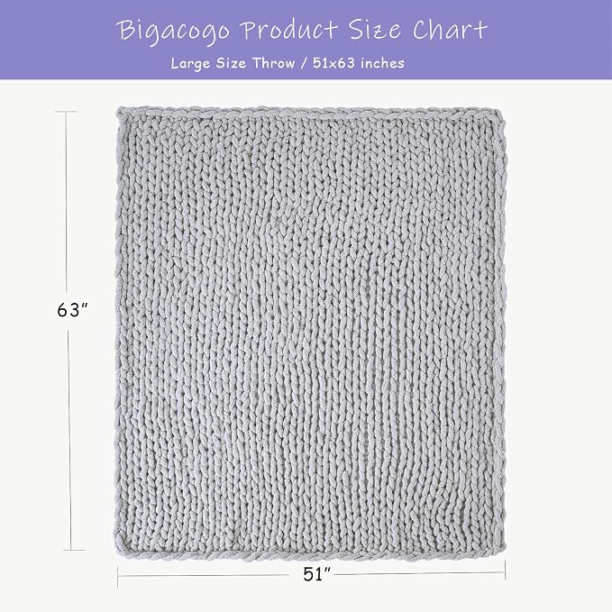 Bigacogo Chunky Knit Throw Blanket for Couch, 51x63 inches, Light Grey | Hand Knit with Jumbo Chenille, Soft Breathable Cable Knit for Sofa Bed Living Room, Machine Washable, Gift for Mom Friend