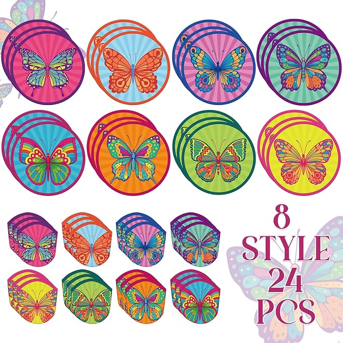 Gejoy 24 Pcs Colorful Butterflies Foldable Fan Style Summer Butterflies Handheld Round Folding Flying Disc for Women Man Daily Use Festival Wedding Party Favors Decorations Portable, 8 Style