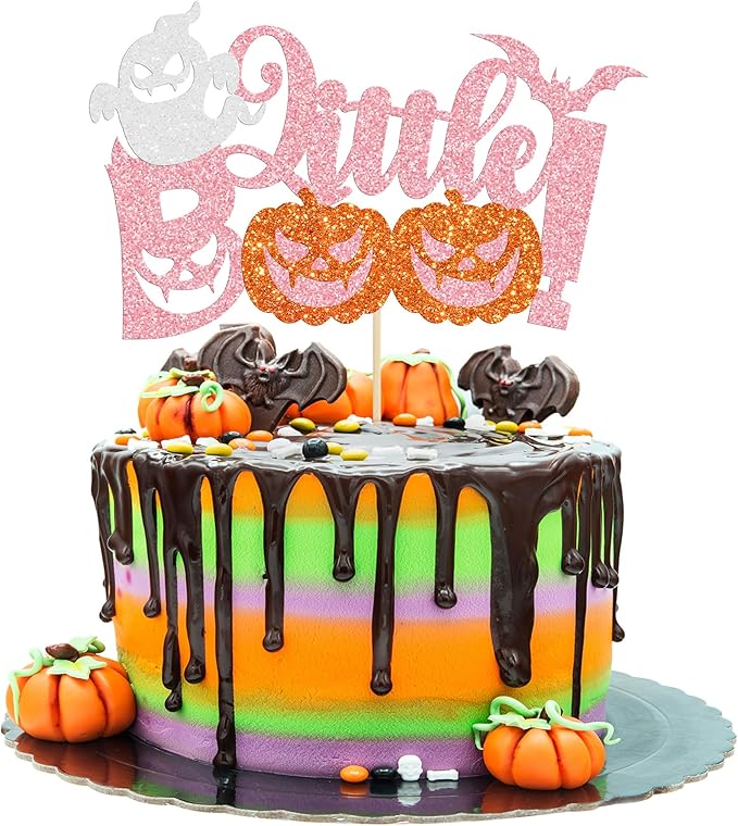 Gyufise 1Pc Little Boo Halloween Cake Topper Pink Glitter Pumpkin Ghost Halloween Baby Shower Cake Decorations for Halloween Theme Baby Shower Kids Birthday Party Supplies