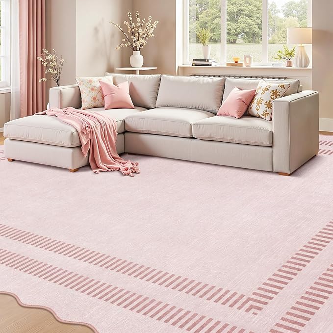 Pink Rugs for Living Room 8x10, Soild Machine Washable Area Rugs for Bedroom Girls, Non Slip Ultra-Thin Low-Pile Carpet for Playroom Nursery Kids Room