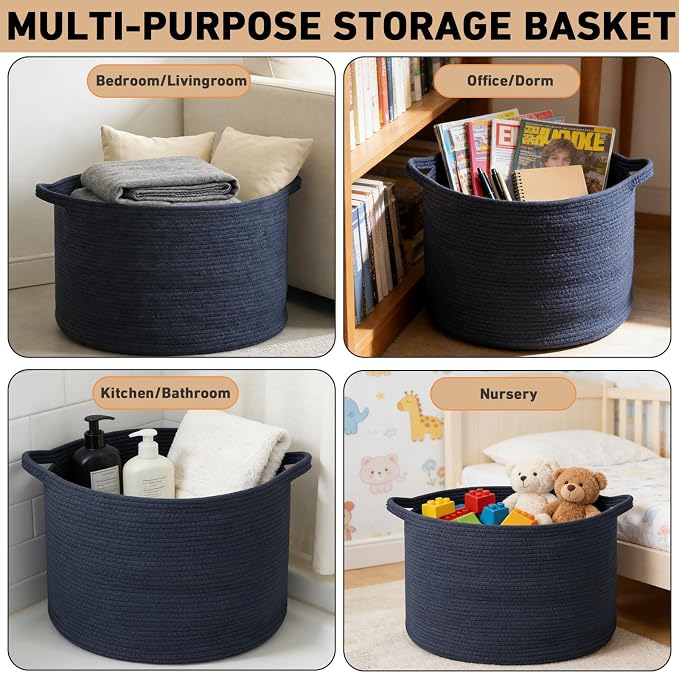 90L Extra Large Blanket Basket,Woven Rope Laundry Basket-Dark Blue | Collapsible, reinforced handles, nursery storage bin organizes clothes, toys and pillows for living room, bedroom bathroom