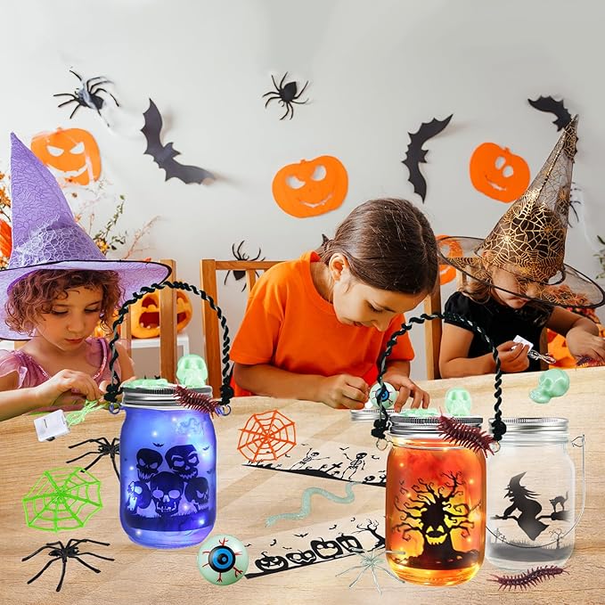 Halloween Crafts for Kids, 8 PCS Mason Jar with Accessories for DIY Craft & Art Party Favor Supplies, Halloween Decoration Trick or Treating, Classroom Art Activities