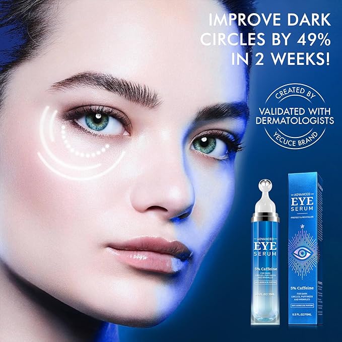 Advanced Eye Serum with 5% Caffeine & Retinol Hyaluronic Acid Niacinamide Eye Treatment Cream for Puffy Bags Dark Circles Fine Lines Under Eyes Serum with 360°Massage Roller Ball 15ML/0.5 fl.oz