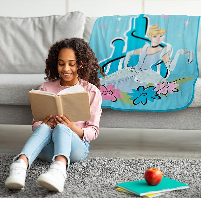 Jay Franco Kids Plush Throw Blanket – Soft & Cozy Fleece Throw for Bedroom & Couch Décor, Official Licensed Product, Blue - Disney Princess Cinderella, 46x60 - Throw Blanket