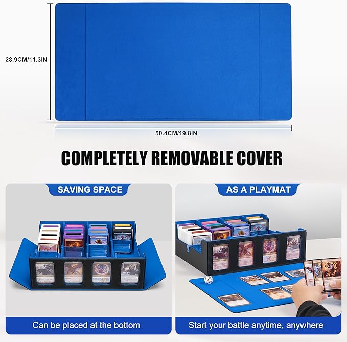 Trading Card Storage Box with Commander Display , 4-Row Deck Case with Removable Lid; 2400+ Card Deck Box for MTG TCG Sports Card, 4 Top Loaders, 4 Stoppers, 24 Dividers,1 Dice Bag (Black Blue)