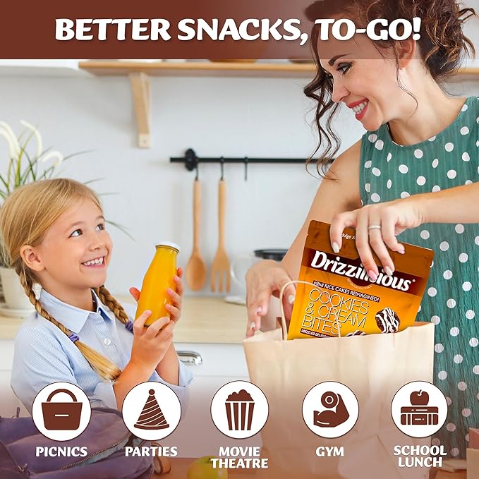 Drizzilicious Mini Flavored Rice Cakes Cookies & Cream - Rice Crisps, Healthy Snack for Adults and Kids, Vegan, Gluten Free Snack, Allergen Free, Only 90 Calories Per Bag - 0.74 oz (Pack of 10)