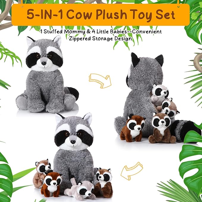 5 Pcs Raccoon Stuffed Animal Set Adorable Mommy Raccoon Plush with 4 Cute Babies in Tummy Soft Cuddly Plushie for Birthday Woodland Party Decor(Cute Style)