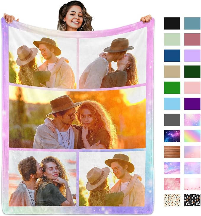 Custom Blanket with Picture Text, Personalized 5 Photo Blanket, HD Printing Customized Flannel Throw Blanket Gifts for Mom Dad Couple Girlfriend Boyfriend Wife Husband Christmas