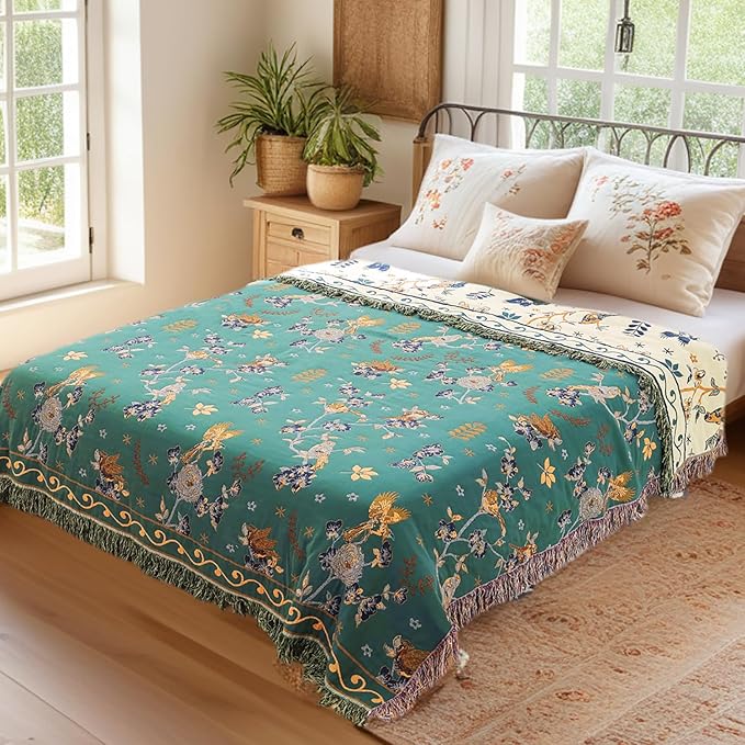 VANJOROY Boho 100% Cotton Large Throw Blanket King - All Season Rustic Ultra Soft Breathable Floral Bird Blanket for Bed Sofa Couch Chair Bedspread Quilt Gift, 91" x 108"-Teal/Beige