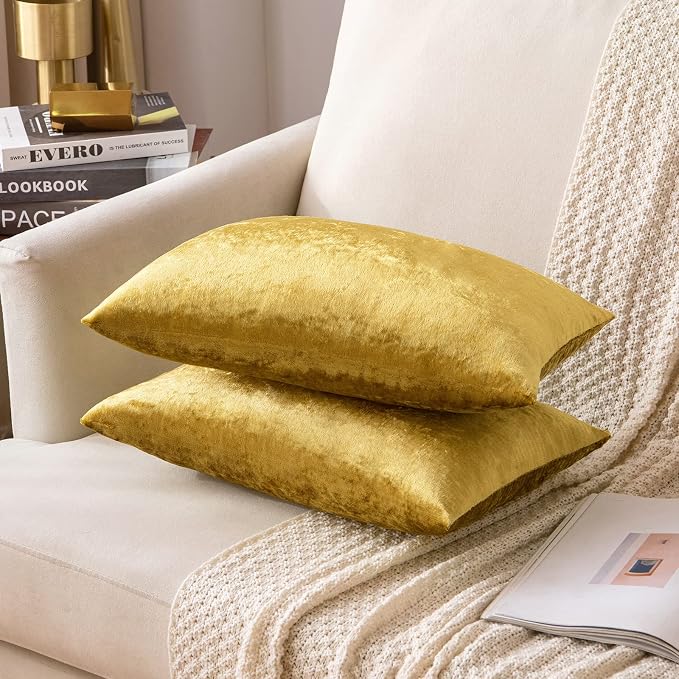 MIULEE 12x20 Inch Lumbar Velvet Throw Pillow Covers Golden | Pack of 2 Soft Solid Decorative Pillow Covers, Modern Luxury Home Decor, for Chair Couch Sofa Bedroom Livingroom