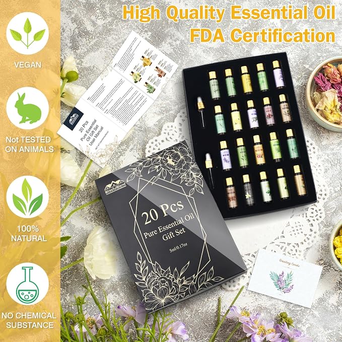 Fragrance Essential Oils Set, Essential Oils for Diffuser, for Home, Skin, Candle & Soap Making-Tea Tree, Lavender, Peppermint, Rose and More, with Gift Card for Friend, Teacher, Mom(20×5ml