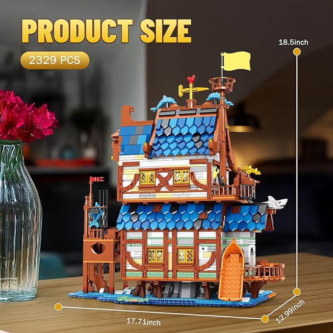 Medieval Fishing Store Lighting Building Block Sets for Adults, Medieval Architecture Display or Home Office Decor, Creative Construction Building Kits 66007, Idea Gift for Adults and Teen