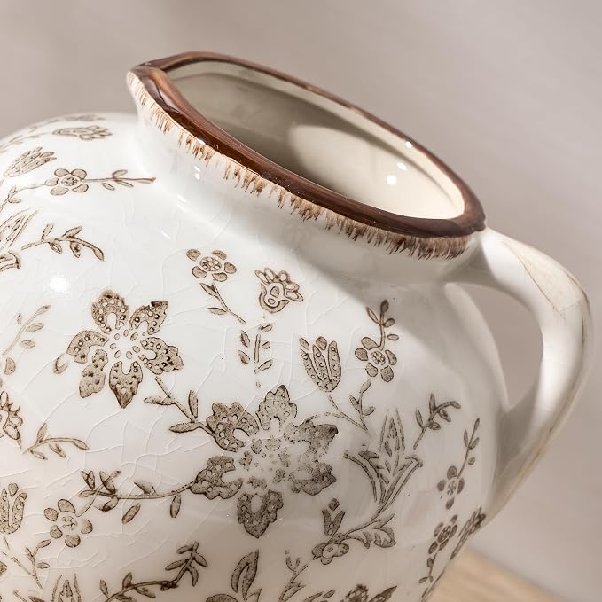 5.39 Inch Vintage Brown Chinoiserie Floral Vase, Antique Rustic Ceramic Vase for Home Decor, Living Room, Bookshelf, Office, Entryway, Garden, Chinoiserie Decor, Tuscan Decor