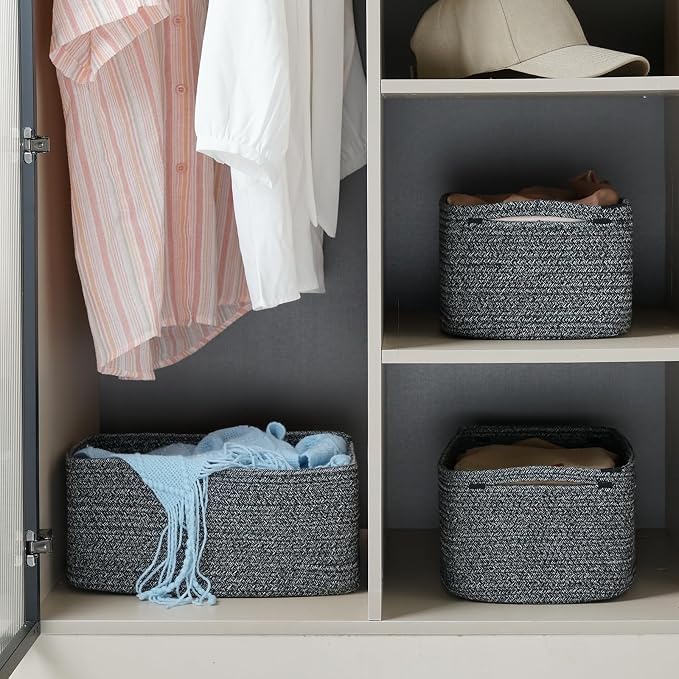 3 Pack Storage Baskets for Organizing, 13.7×9.5×6.3", Mixed Black | Woven Baskets for Shelves, Cotton Rope Basket for Gifts Empty, Closet Organizer Bins with Handles, Cube Decorative Box