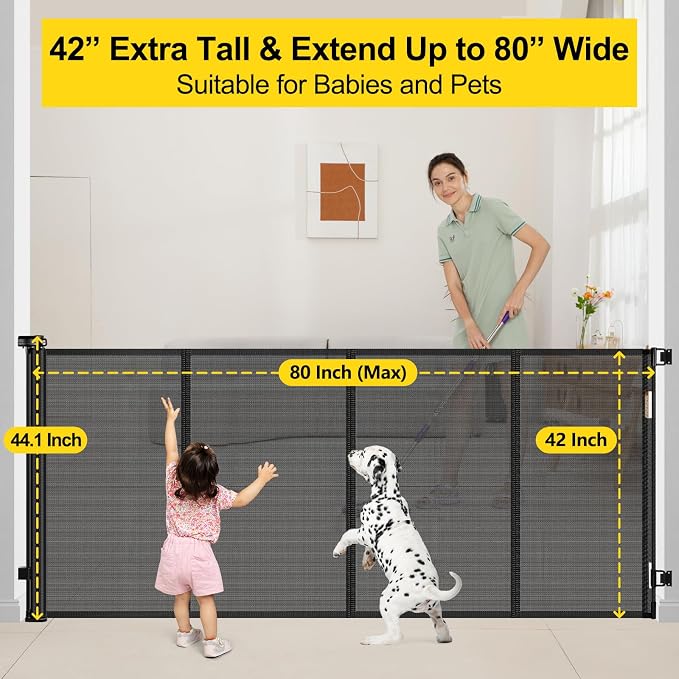 Reinforced 42” Extra Tall x 80” Wide Retractable Baby Gates with Rods to Prevent Crawling Through, Extra Tall Pet Gate for Large Openings Indoor Long Mesh Dog Gate for Stairs and Doorways, Black