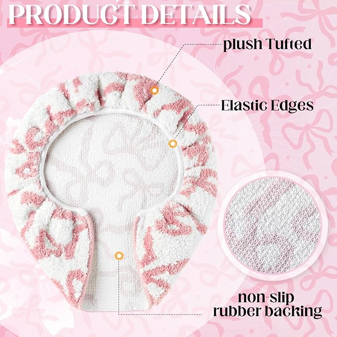 Pink Bow Toilet Lid Cover Washable Coquette Cute Plush Toilet Cover for Bathroom Decor Soft Microfiber 17.5 x 15 Inch Non Slip Rubber Backing Fits Most Round, Elongated