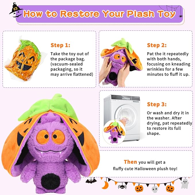 Transform Pumpkin Toy, Halloween Plush, Zipper Up Transform Plush,Hallow Stuffed Animal (Pumpkin Bat)