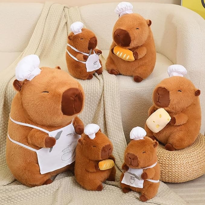 Capybara Plush with Cooking Chef Hat Holding Cheese 9.8 inch Cute Capibara Stuffed Animal Ultra Soft Plushies Toys Kawaii Gifts for Kids Brown