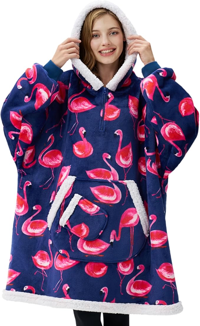 Giggling Getup Wearable Blanket Hoodie for Adults Gifts for Teen Girls Sister Women Sherpa Fleece Printed Hooded Blanket Sweatshirt Warm Cozy with Pocket & Sleeves Blue Flamingo