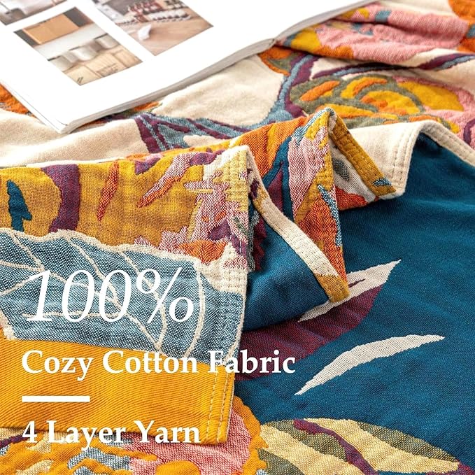 LUTBM Queen Throw Blanket for Bed, 100% Cotton Boho Breathable Summer Quilt | Reversible 90"x90" Floral Butterfly Blankets, Soft All-Season Lightweight Bedspread, For Chair Sofa Couch Bedroom, Home Decor
