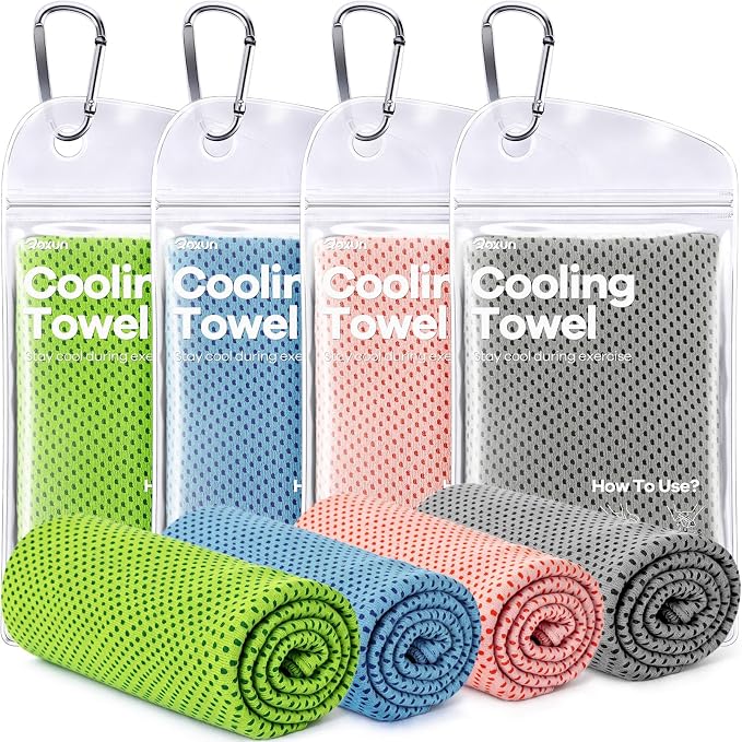 ROXUN 4 Pack Cooling Towels, 40''x12'' Soft Breathable Chilly Neck Ice Rags | Workout Running Golf Gray+Grayish Blue+Light Pink+Green
