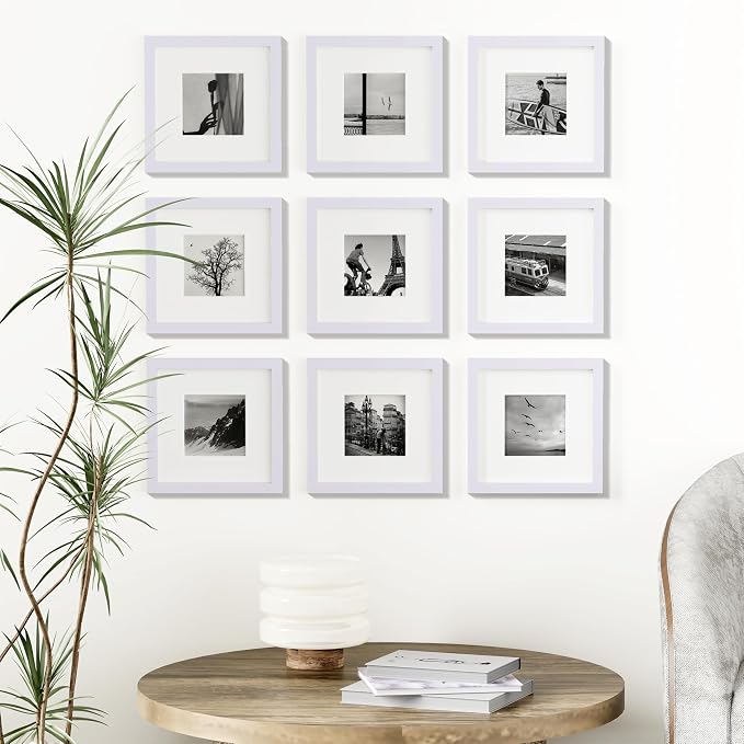 Vittanly 8x8 Picture Frames Set of 9 for Wall or Tabletop Display, White | Display Pictures 4x4 with Mat or 8x8 without Mat for Wall Mounting, Square Photo Frames for Home Decor, Engineered Wood