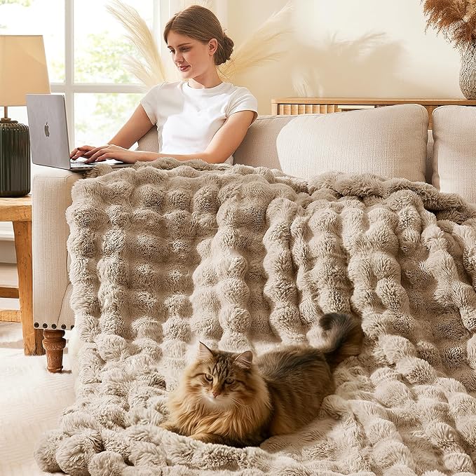 L'AGRATY Faux Rabbit Fur Throw Blanket for Couch, 60'' x 80'', Light Linen | Soft Cozy Bubble Fluffy Blanket for Sofa Bed, Thick Warm Plush Fuzzy Throw for Room Home Decor, Luxury Gift for Women Mom