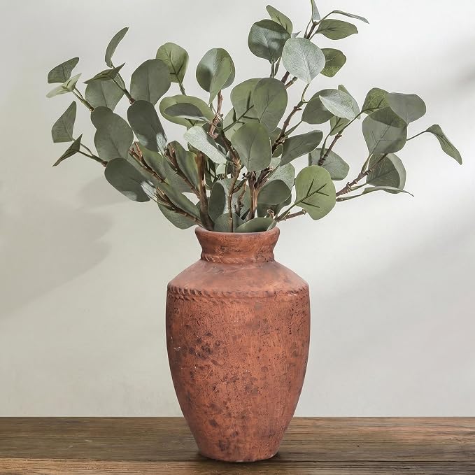 Terracotta Vase, 10 Inch Large Ceramic Flower Vases Rustic Farmhouse Pottery Vase for Home Decor Fireplace Entryway Kitchen Living Room Shelf Mantle Table Decor Brown
