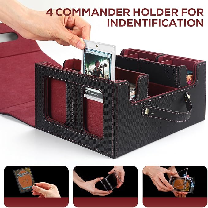 Trading Card Storage Box for MTG, MTG commander deck box，Multi-purpose Deck Case for MTG TCG Sports Card, 4 Toploaders, 4 Stoppers, 4 Colorful Dividers (Black & Red)