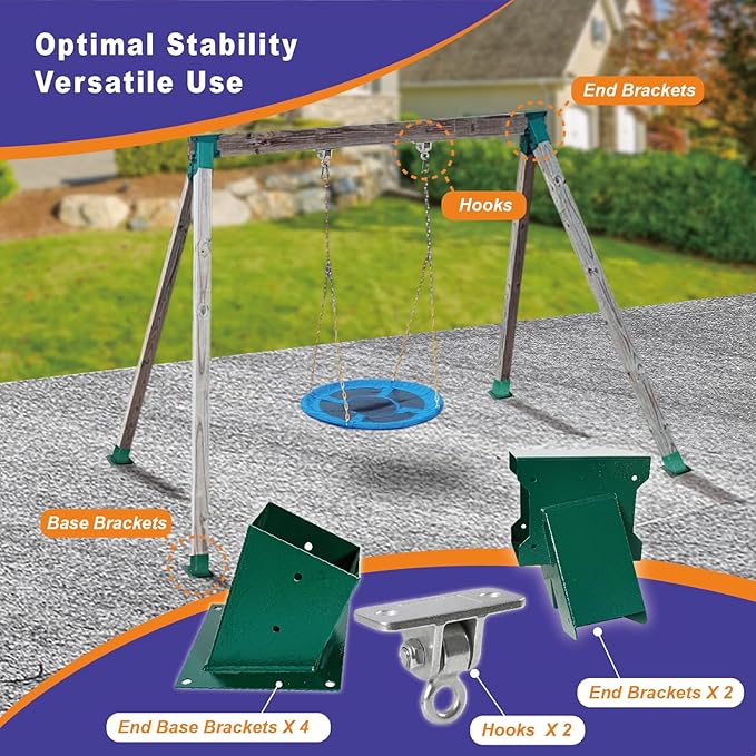 A-Frame Swing Set Brackets - DIY Swing Set Bracket for 4x4 Legs & 4x6 Beam, Installed on Wooden or Concrete Floors, Green (2 End Brackets+4 Bases+2 Hangers)