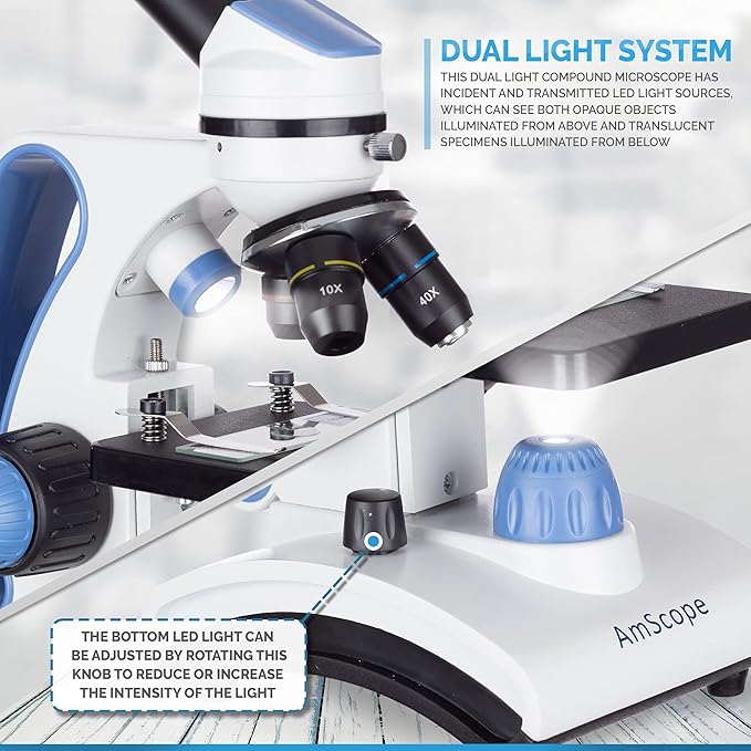 AmScope M162C-2L-PB10-WM"Awarded 2018 Best Students and Kids Microscope Kit" - 40X-1000X Dual Light All Metal Microscope with Slides and Microscope Book, Blue