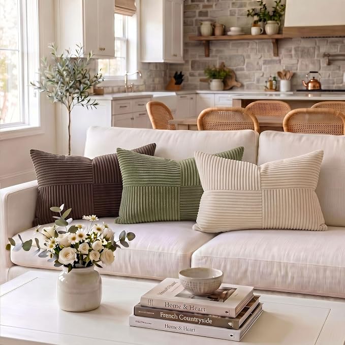 Fancy Homi 2 Packs Olive Green Lumbar Decorative Throw Pillow Covers 12x20 Inch for Living Room Couch Bed, Farmhouse Boho Home Decor, Soft Striped Corduroy Rectangle Accent Cushion Case 30x50 cm