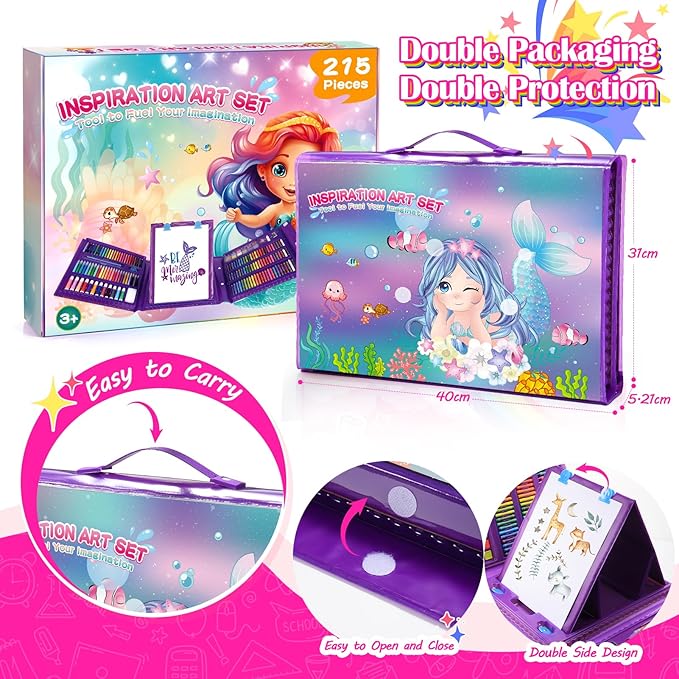 Art Supplies, Art Kits Arts and Crafts for Kids Age 4-6 6-8 8-12 with Trifold Easel,Includes Sketch Pads,Oil Pastels,Crayons,Colored Pencils,Drawing Set for 3-12 Year Olds Girls Boys (Mermaids-Purple)