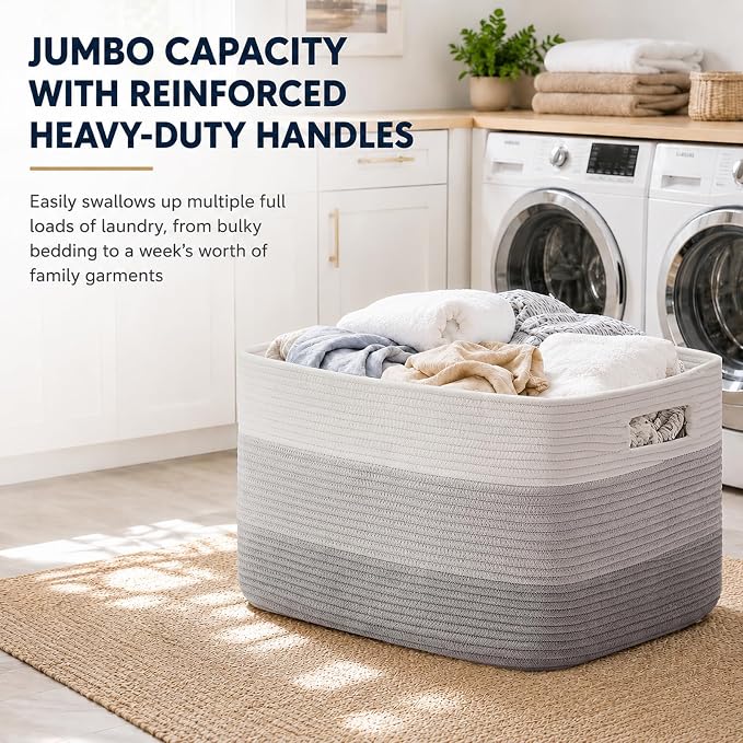 OIAHOMY Large Blanket Basket, 22”x17”x12” Laundry Baskets, Nursery Blanket Storage Living Room, Toy Storage With Handle, Rectangle Woven Baskets-Gradient Grey