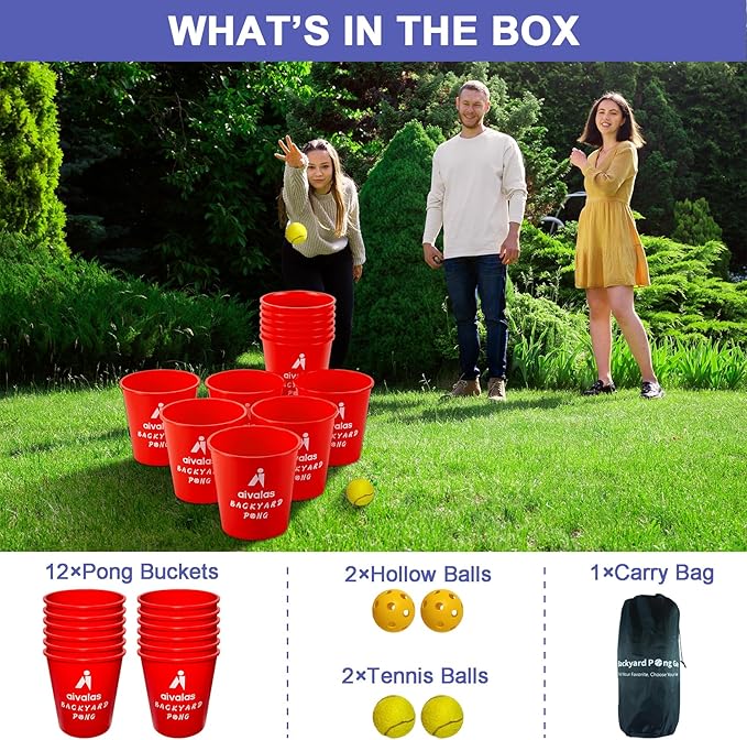 Aivalas Yard Pong Outdoor Games, Giant Yard Games Set with 12 Buckets and Balls for Adults and Family, Toss Game Throwing Games for Beach, Camping, Lawn and Backyard