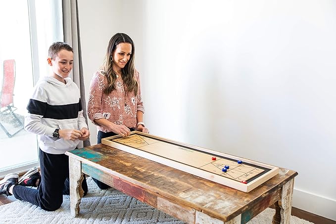 Yard Games Curling and Shuffleboard 2 in 1 Table Top Game with 8 Rolling Discs