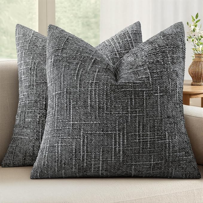 MIULEE Chenille Textured Throw Pillow Covers Dark Grey 20x20 Set of 2 | Slubby Decorative Pillows, Boho Farmhouse Home Decor, Modern Neutral Cushion Covers for Couch Sofa Bed Living Room