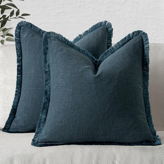 MIULEE Linen Fringe Decorative Euro Throw Pillow Covers Navy Blue 26x26 | Set of 2, Cottagecore Decor, Boho Farmhouse Coastal Pillow Covers, Rustic Couch Cushion Cases for Sofa Bed Living Room