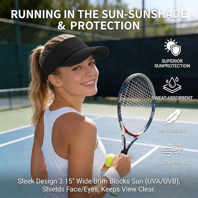 AUSFLUG Sun Visor Hat Men Women - Moisture Wicking Lightweight Sports Cap | Quick dry breathable mesh, adjustable ponytail strap, sun blocking for golf, tennis, pickleball, running, beach, hiking