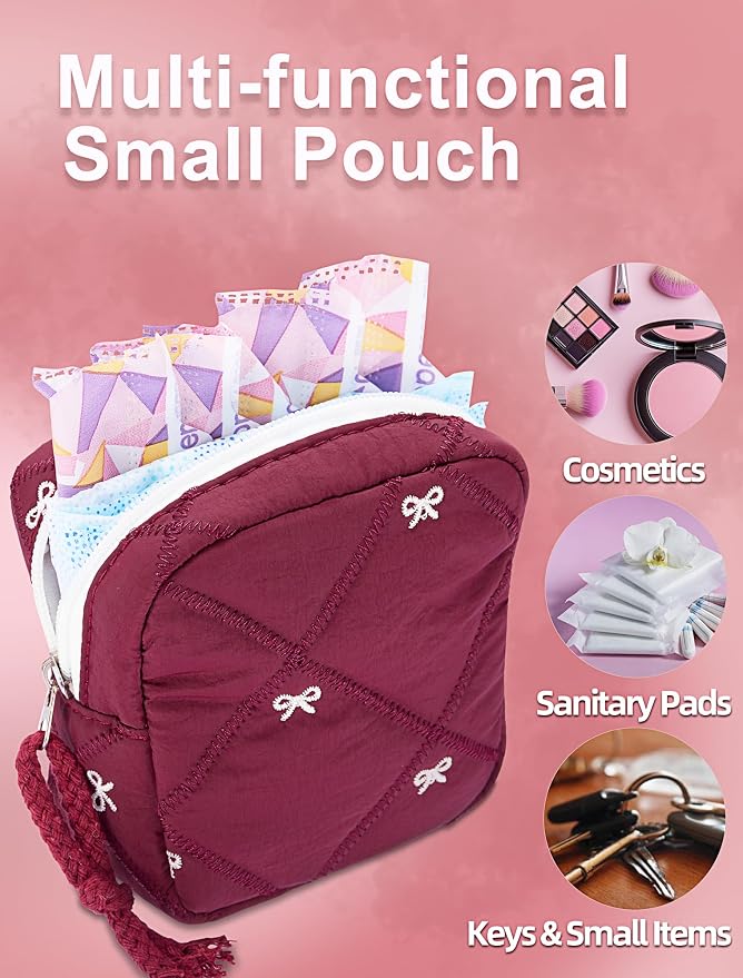 Period Bag for Girls, Quilted Period Pouch for Women, Sanitary Napkin Storage Bag Menstrual Pad Pouches Tampon Holder for Purse Pad Bag Gifts for Teen Girls(Red)