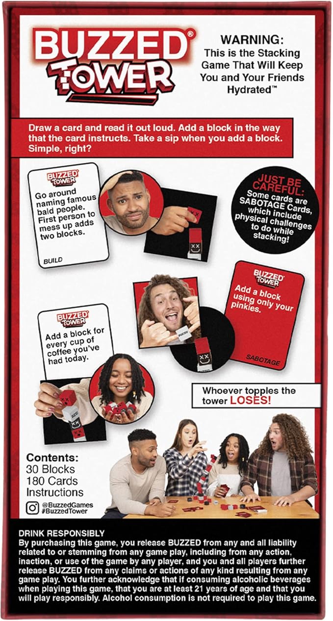 WHAT DO YOU MEME? Buzzed Tower: The Stack-and-Sip Drinking Card Game for Adults – Includes 30 Blocks, 80 Cards, and Big Laughs for Parties, Game Night, and Epic Bachelor Party Celebrations