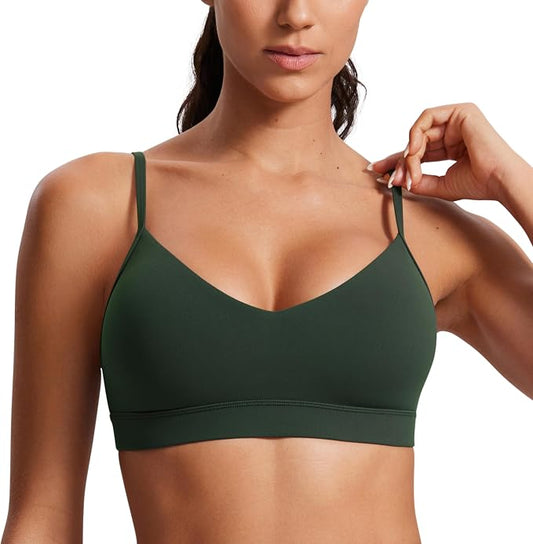 CRZ YOGA Butterluxe V-Neck Sports Bras for Women - Adjustable Thin Straps Padded Yoga Top Basic Wireless Camisole