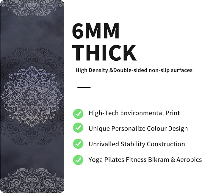 nuveti Yoga Mat Print Extra Thick TPE Non Slip Fitness Exercise Mat with Carrying Bag,72"x24" Extra Thick 6MM Exercise & Workout Mat for Yoga, Pilates Fitness and Floor Exercises