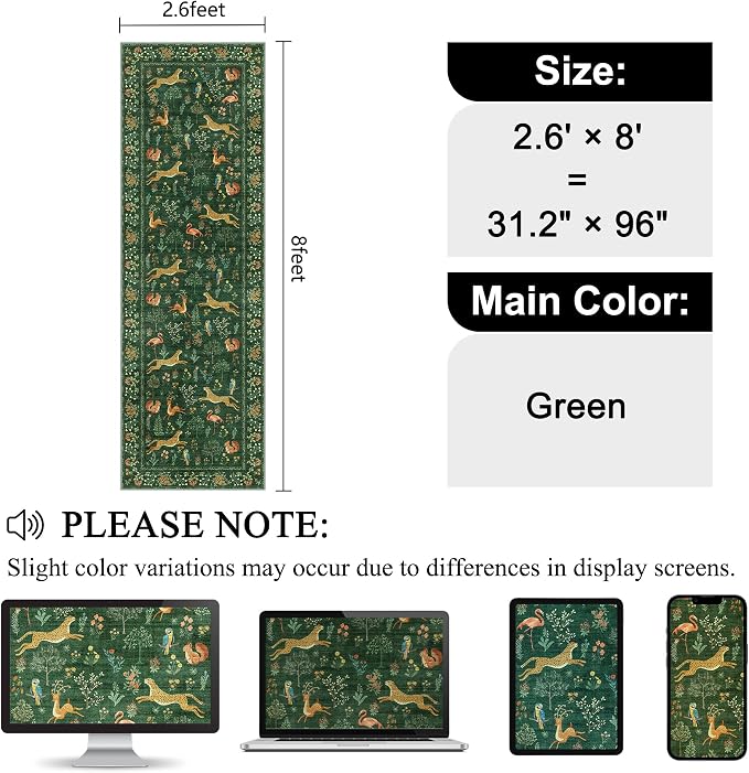 DUKINO 2.6x8 Rug for Hallway, Washable Kitchen Runner Rug Non Slip, Green | Low Pile, Stain Resistant, Soft Animal Indoor Carpet Runner for Entryway, Bedroom, Bathroom, Laundry, Lightweight, Home Decor