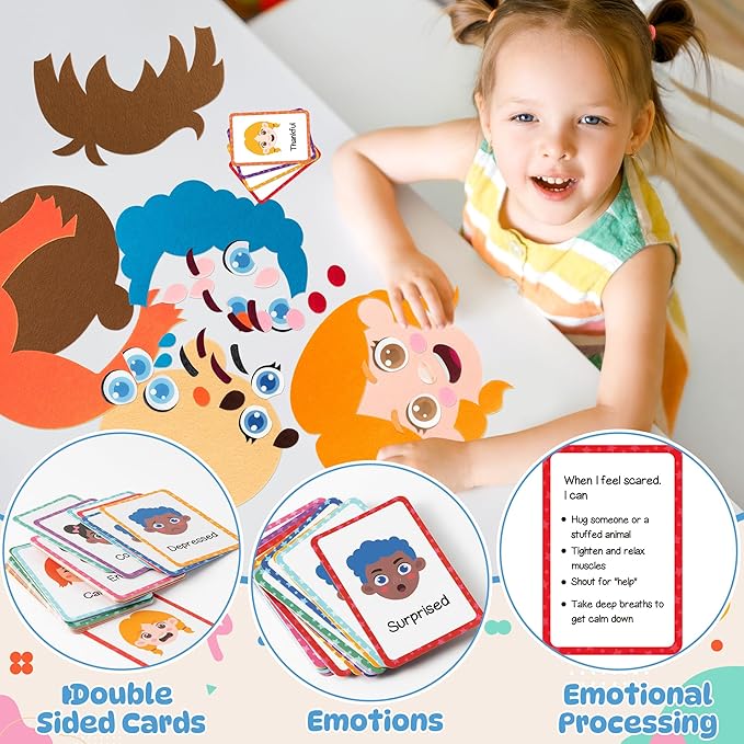 WATINC Social Emotional Learning Activities Toy - 160Pcs Felt Emotion Facial Face Game, Montessori Toys with 3 Face Boards 6 Hairstyles 36 Emotion Flashcards Birthday Gift for Preschool Classroom Kids